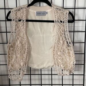 Vintage Crochet Open Front Art Deco Cropped Vest Womens‎ 14 Beige Boho Festival
